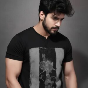men's black graphic T-shirt.